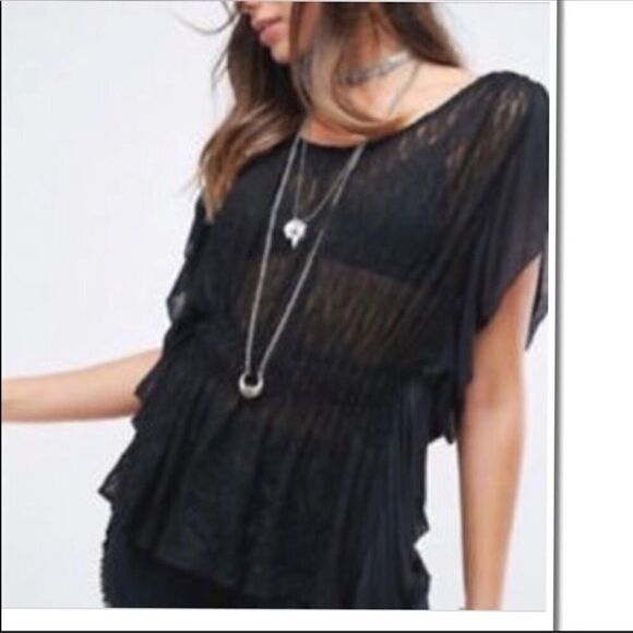 𝅺FREE People June Black Lace Split Sleeve Tank - Picture 1 of 11